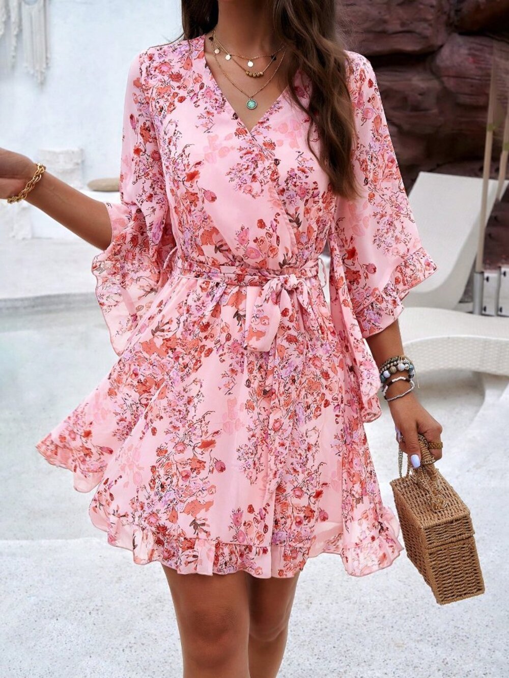 Pink Boho Women's Mini Dress with Bell Sleeves and Waist Belt - Picture 4 of 6